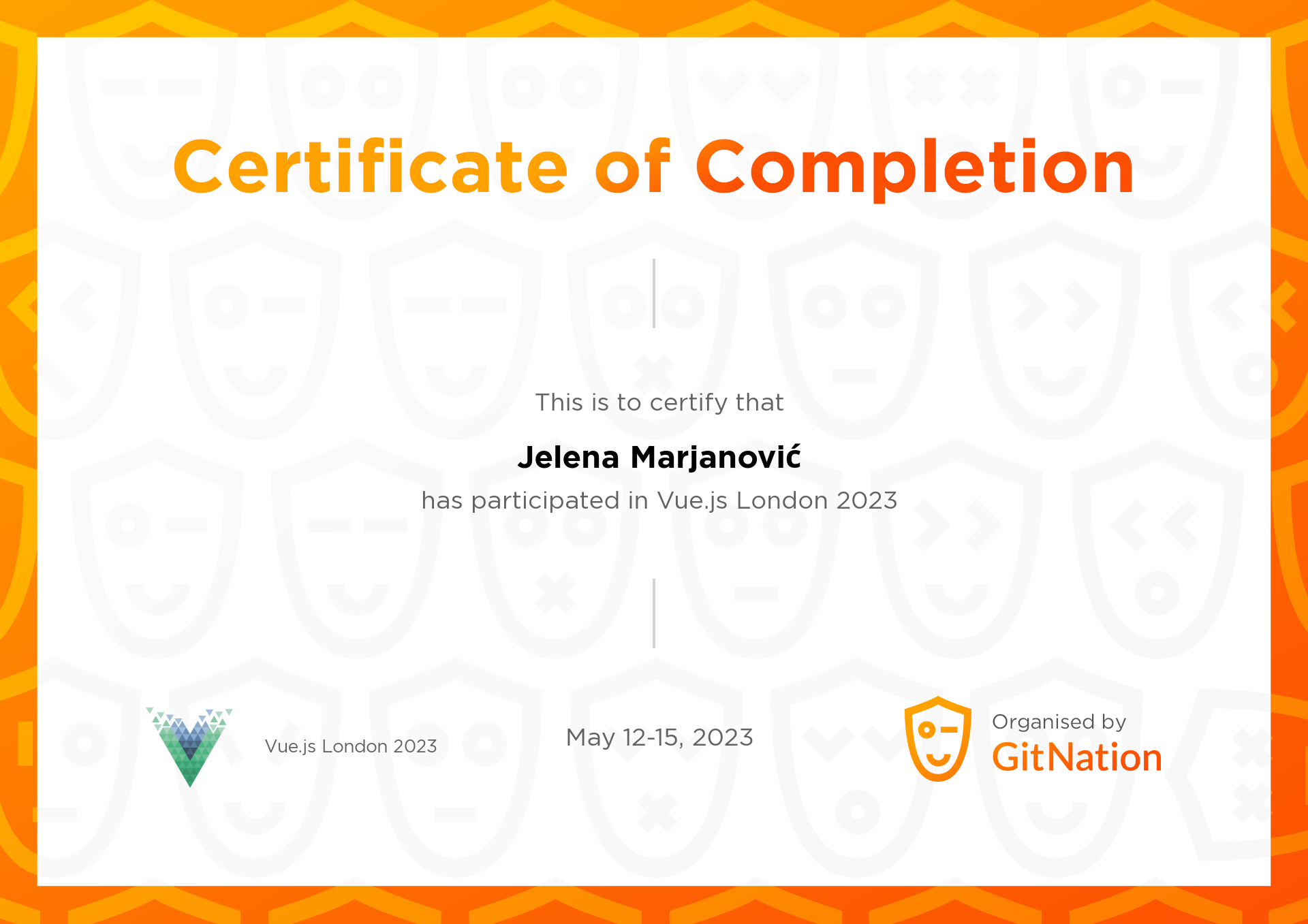 Jelena Marjanović's Certificate from Vue.js Live Conference