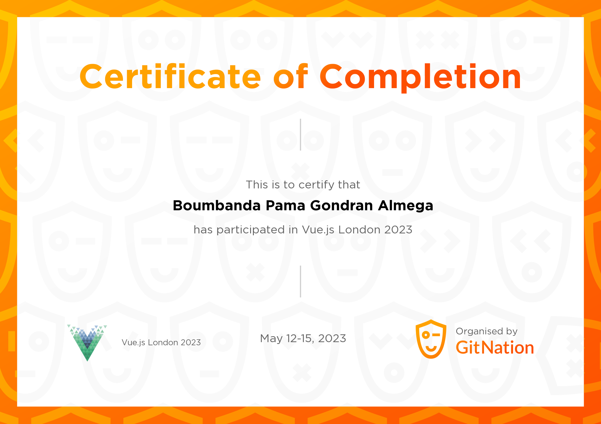 Boumbanda Pama Gondran Almega's Certificate from Vue.js Live Conference