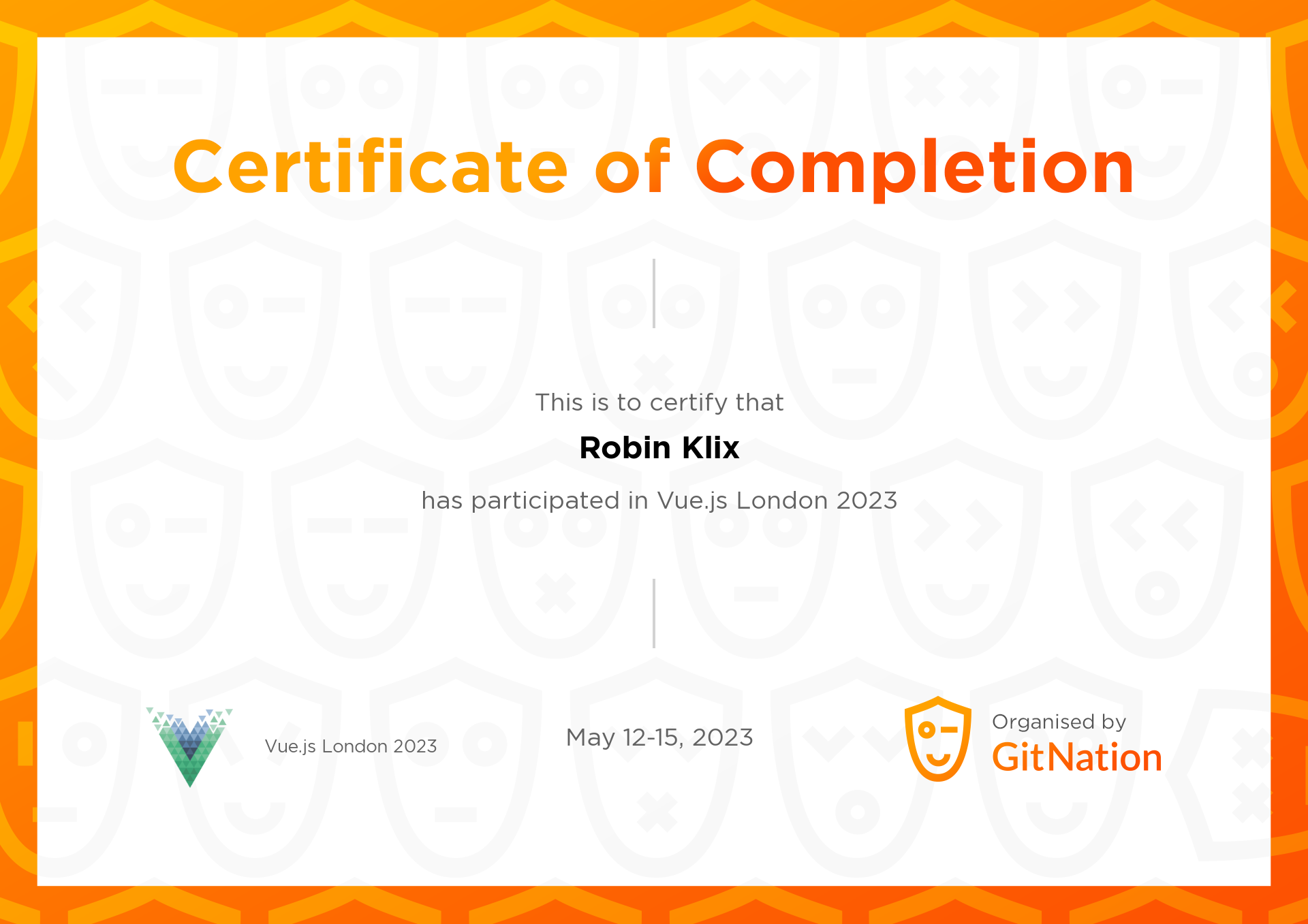 Robin Klix's Certificate from Vue.js Live Conference