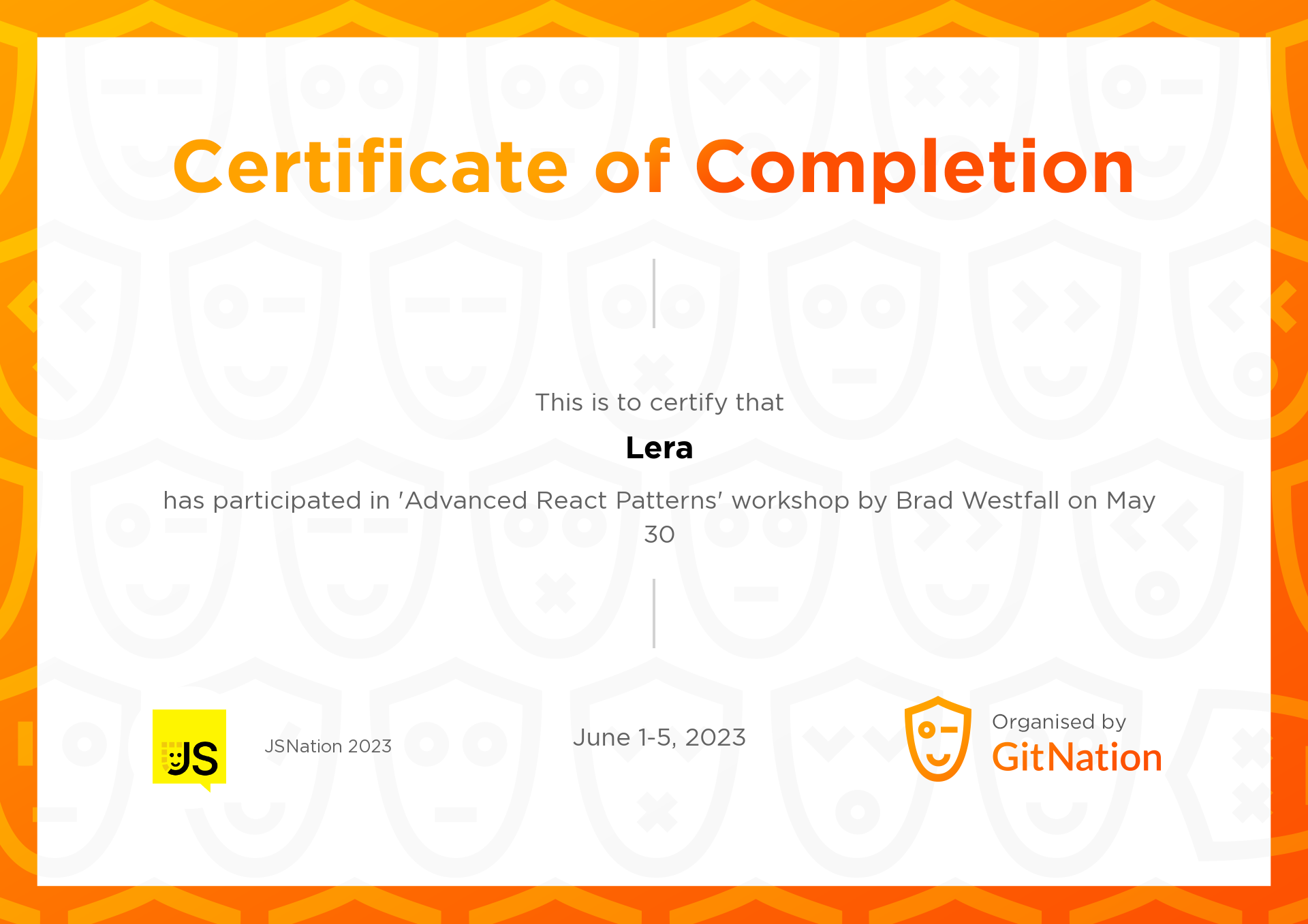 Lera's Certificate from JS Nation