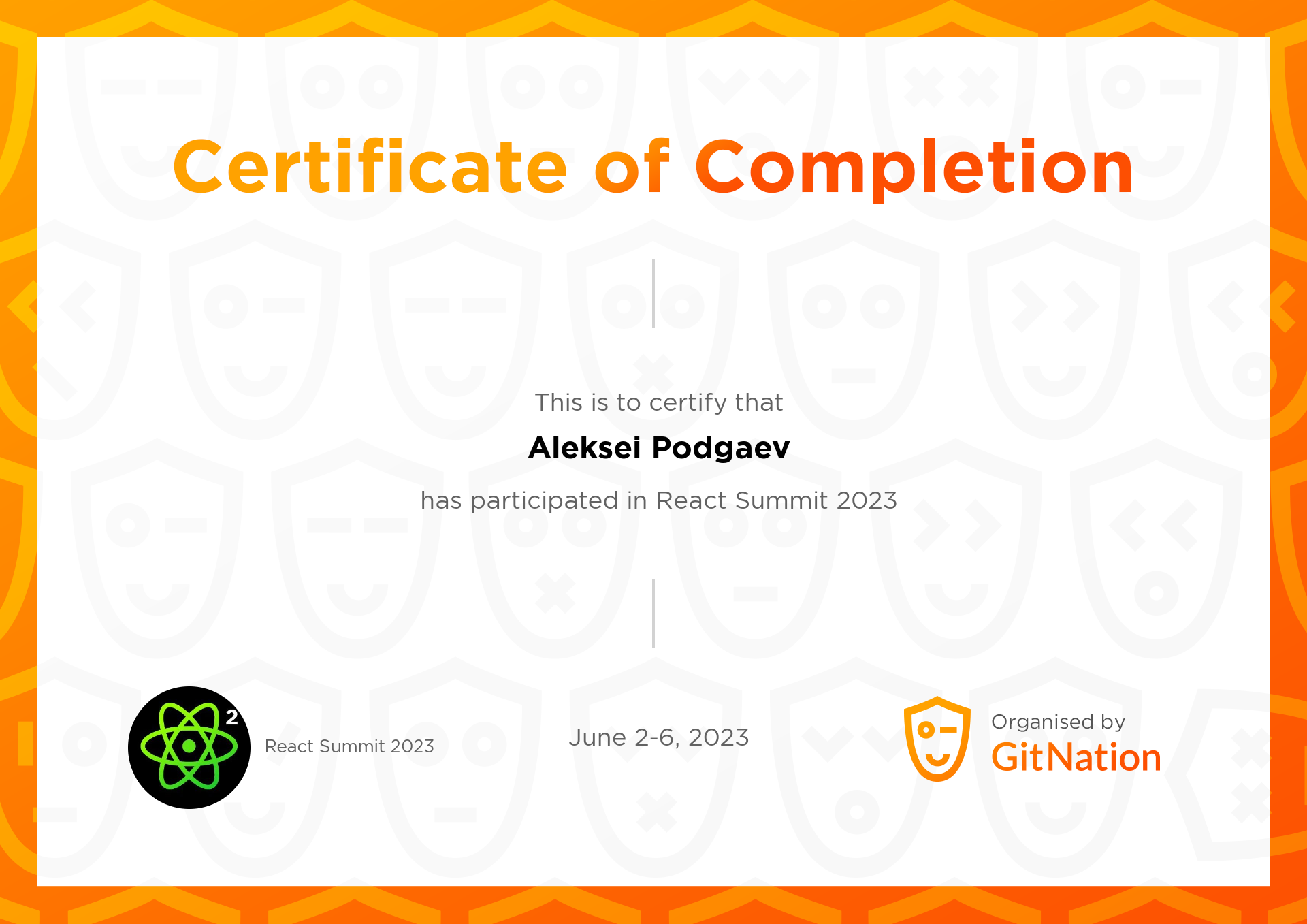 Aleksei Podgaev's Certificate from React Summit