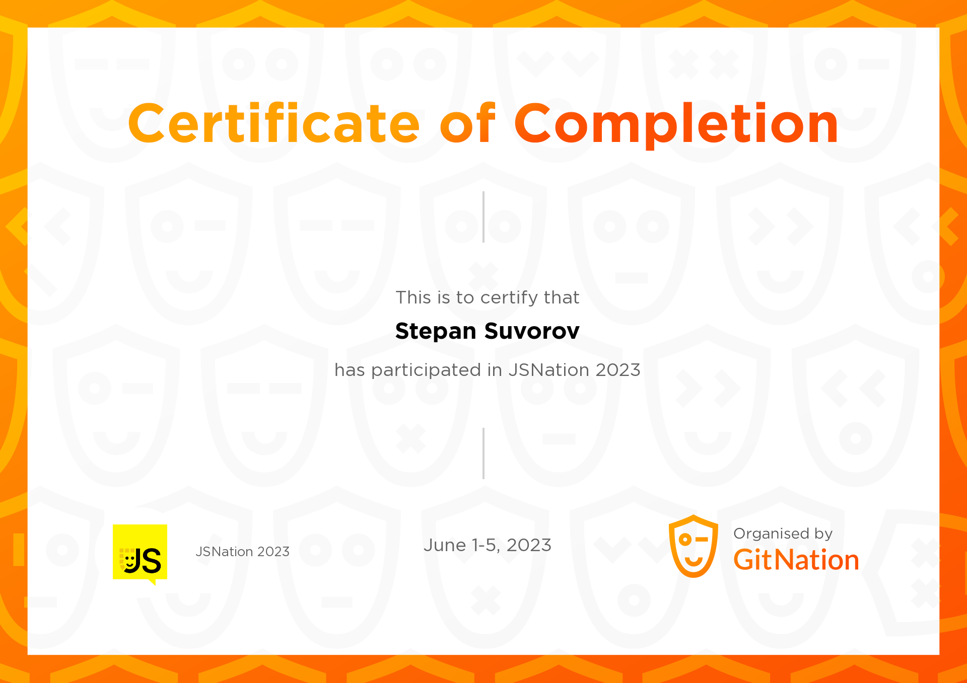 Stepan Suvorov's Certificate from JS Nation