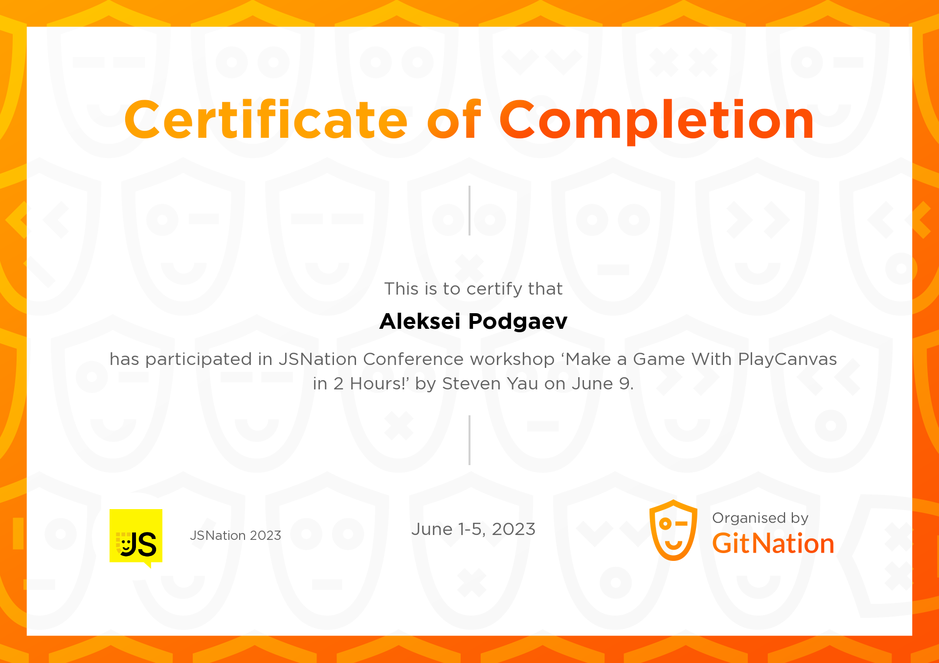 Aleksei Podgaev's Certificate from JS Nation
