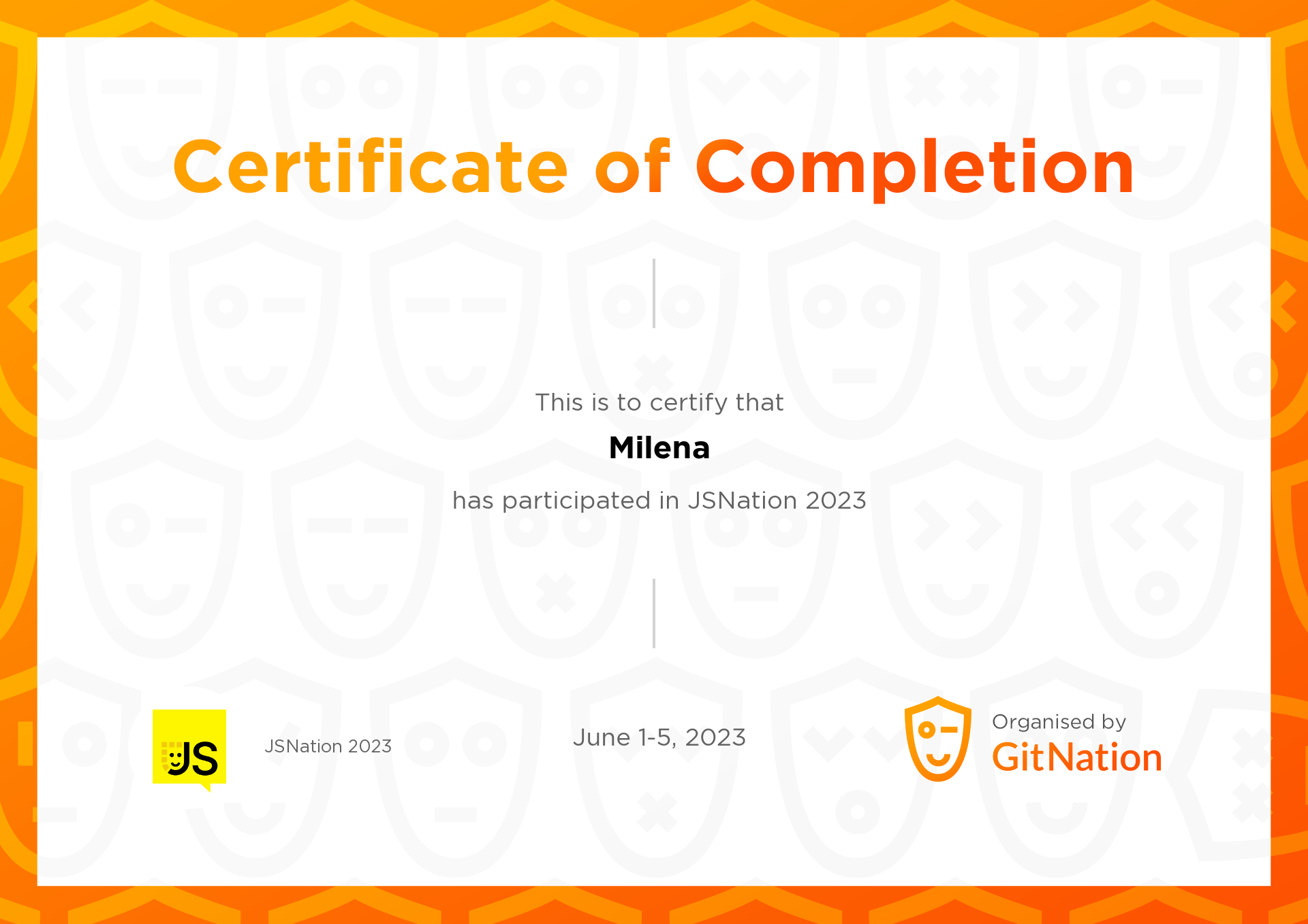 Milena's Certificate from JS Nation