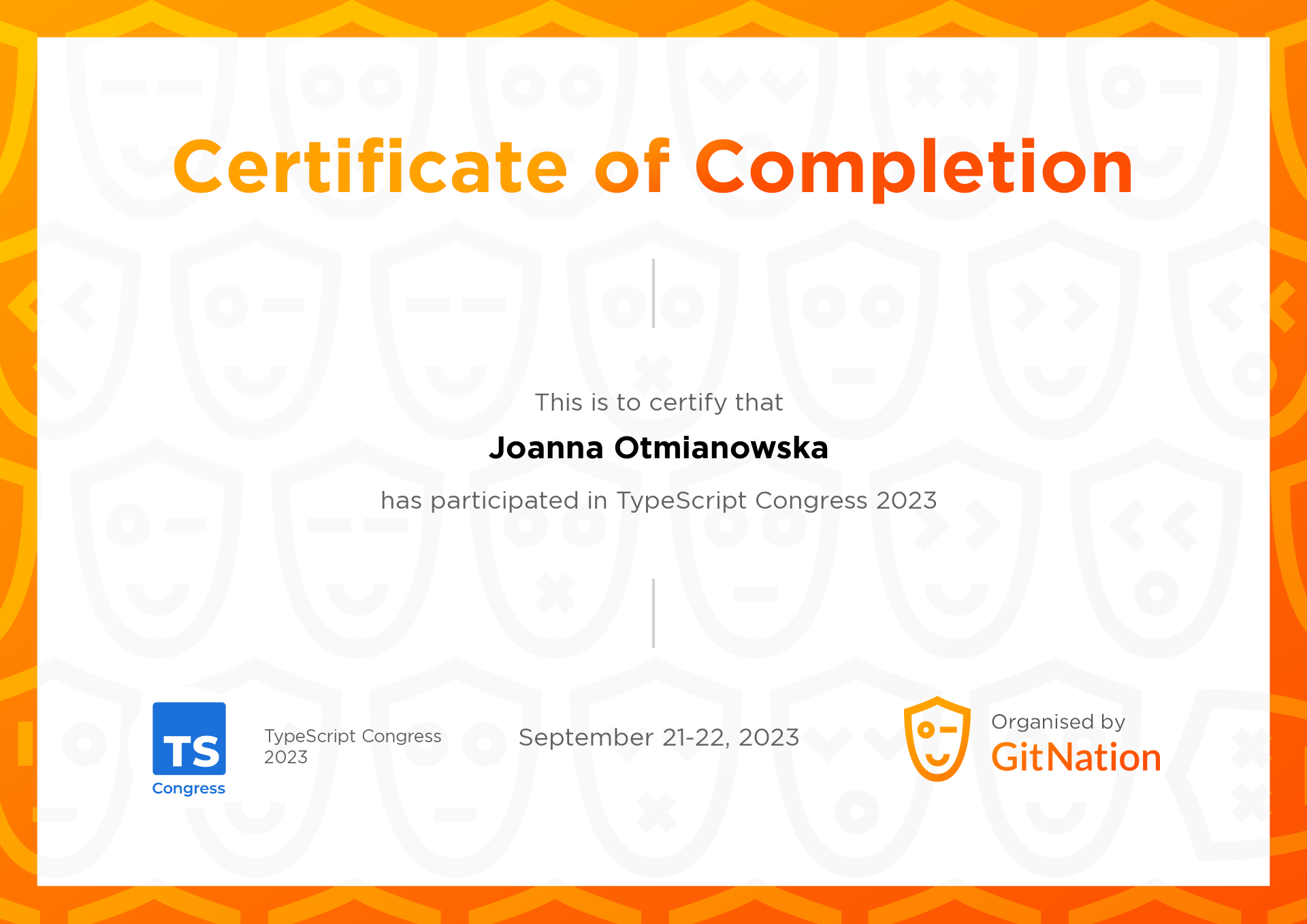 Joanna Otmianowska's Certificate from TS Congress