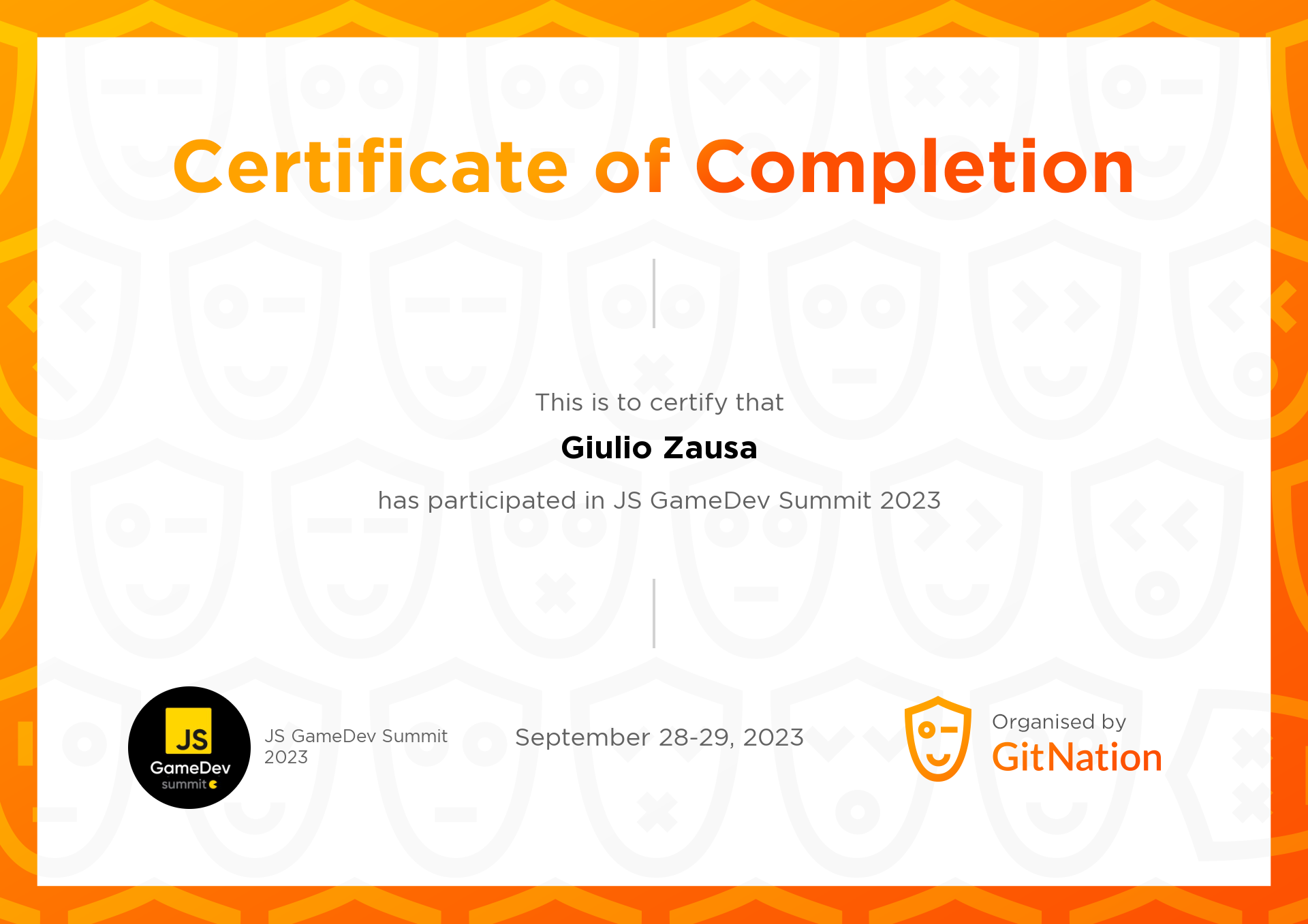 Giulio Zausa‮ 's Certificate from JS GameDev Summit