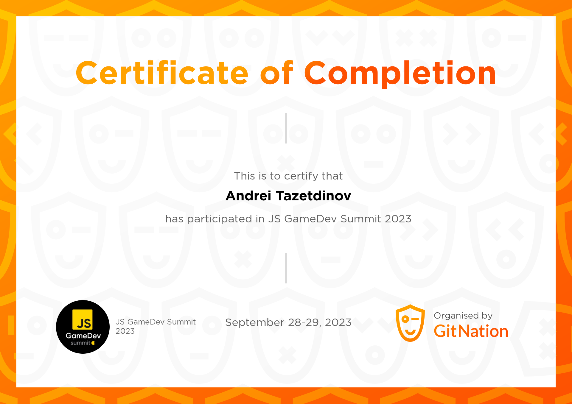 Andrei Tazetdinov's Certificate from JS GameDev Summit