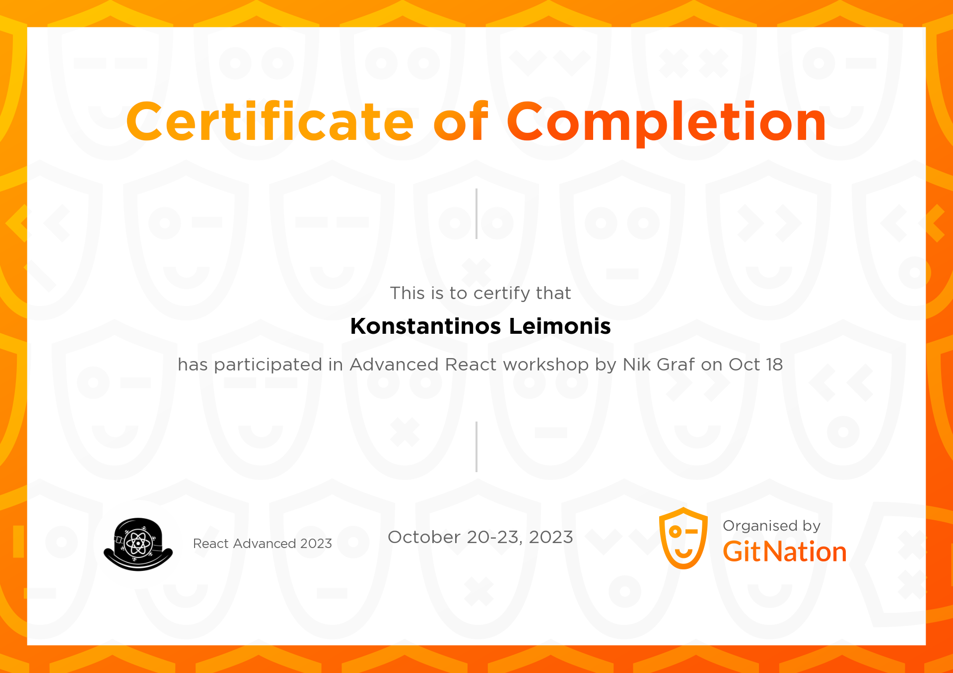 Konstantinos Leimonis's Certificate from React Advanced